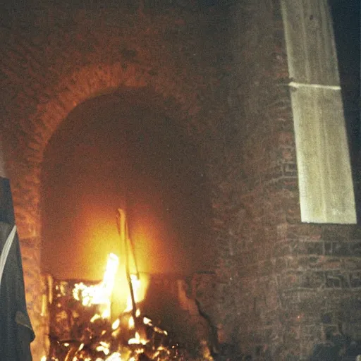 Image similar to award - winning photograph of john paul ii standing in the entrance to a small burning church building, at night, pitch black, christian cross