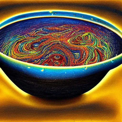 Image similar to a bowl of boiling imagination, super freaky, ultra detailed, digital painting