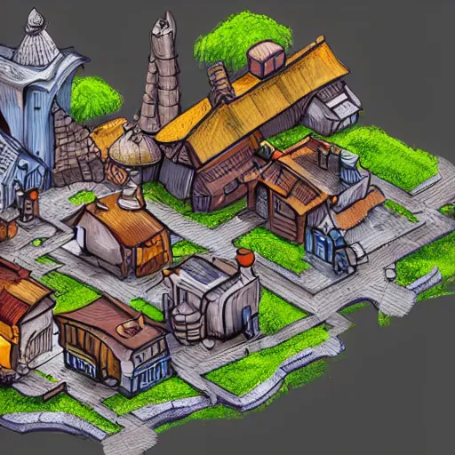 Prompt: a drawing of a little town from the game d & d, artstation, 3 d isometric, highly detailed