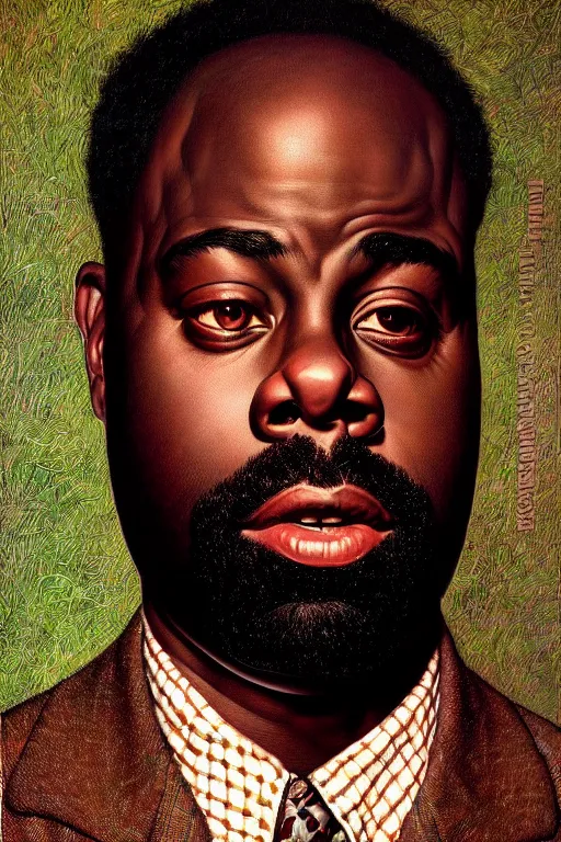 Image similar to portrait of black thought from the roots by gil elvgren and norman rockwell and rob gonsalves and hajime sorayama, hyperrealistic, high detail, ultra detailed, highly detailed face, ruffled fabric