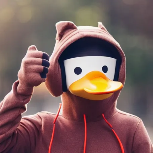 Image similar to an anthropomorphic duck wearing a hoodie and headphones giving a thumbs up