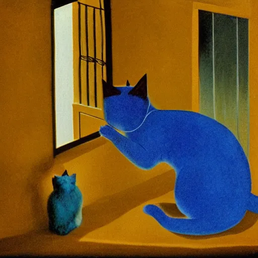 Prompt: The blue cat looking out of the window at night , Dali style
