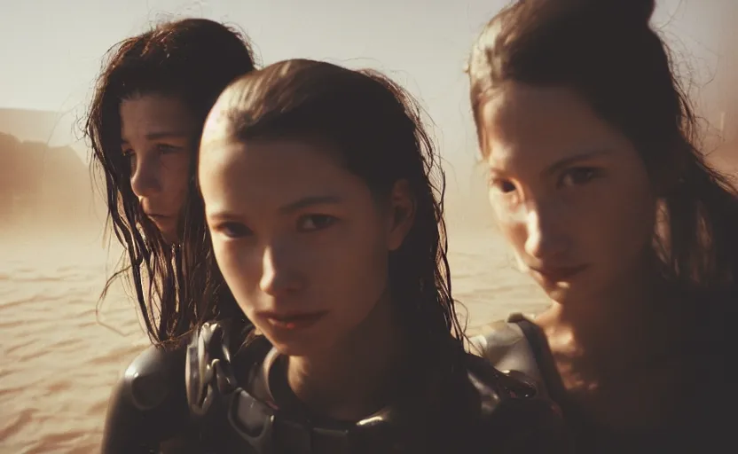 Image similar to cinestill 5 0 d candid photographic portrait by helen levitt of two loving female androids wearing rugged black mesh techwear in treacherous waters, extreme closeup, modern cyberpunk moody emotional cinematic dark, dust storm, 8 k, hd, high resolution, 3 5 mm, f / 3 2, ultra realistic faces, ex machina