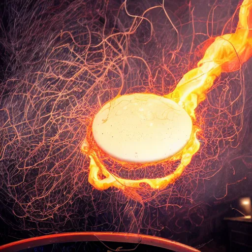 Image similar to fried egg in a red hot frying pan, tangles of metallic cables, dark messy smoke - filled cluttered workshop, dark, dramatic lighting, orange tint, sparks, plasma charges, cinematic, highly detailed, sci - fi, futuristic, movie still