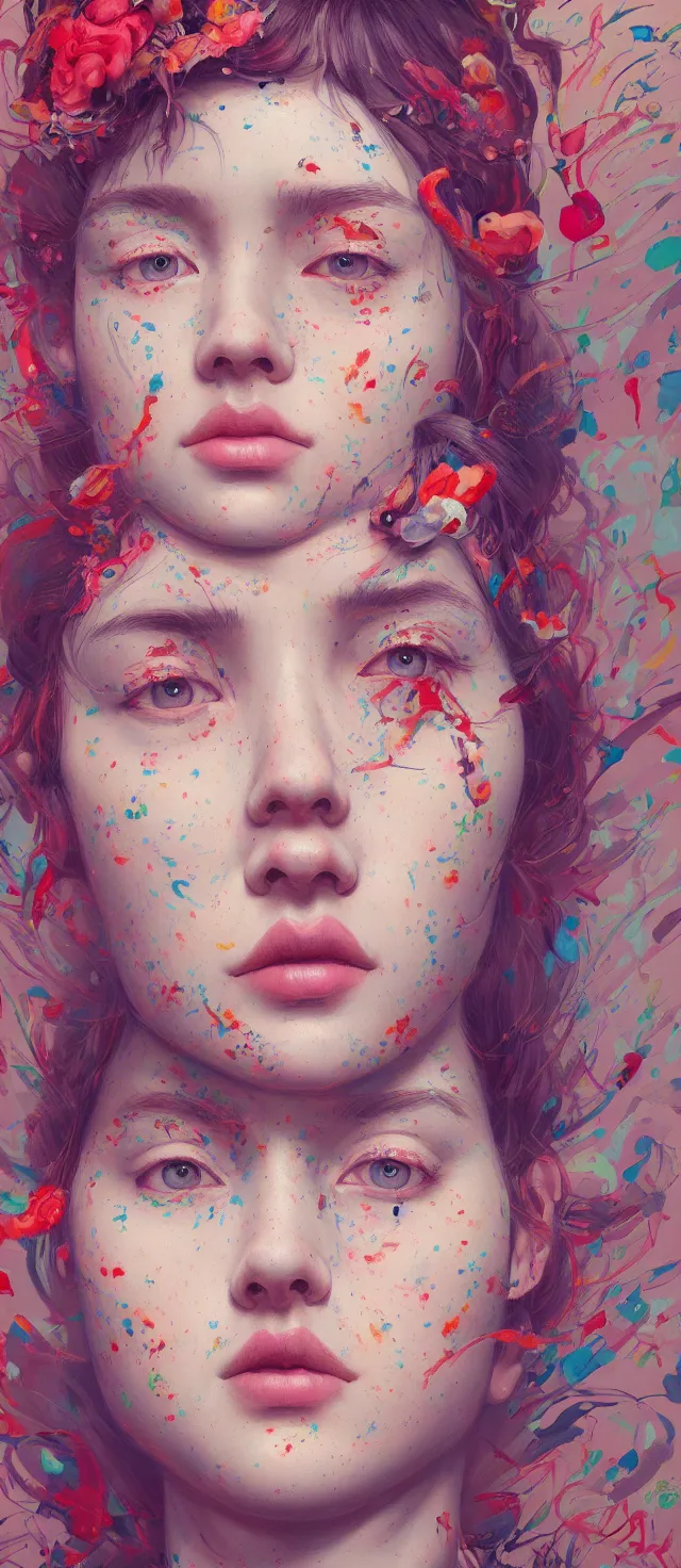 Image similar to excellent painted portrait by james jean, high quality masterpiece painted, patterned background, 4 k, trending on artstation, octane render,