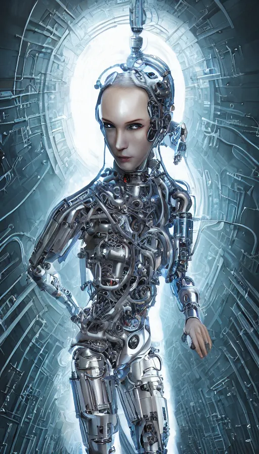 Image similar to full body head to toe portrait of a cyberpunk sci-fi cyborg netrunner bionic man, third person, D&D, sci-fi fantasy, matrix , intricate, white with shiny silver and chartruse fringe highlights, highly detailed, art by Range Murata, highly detailed, 3d, octane render, bright colors, digital painting, trending on artstation, sharp focus, illustration style of Stanley Artgerm, dramatic background