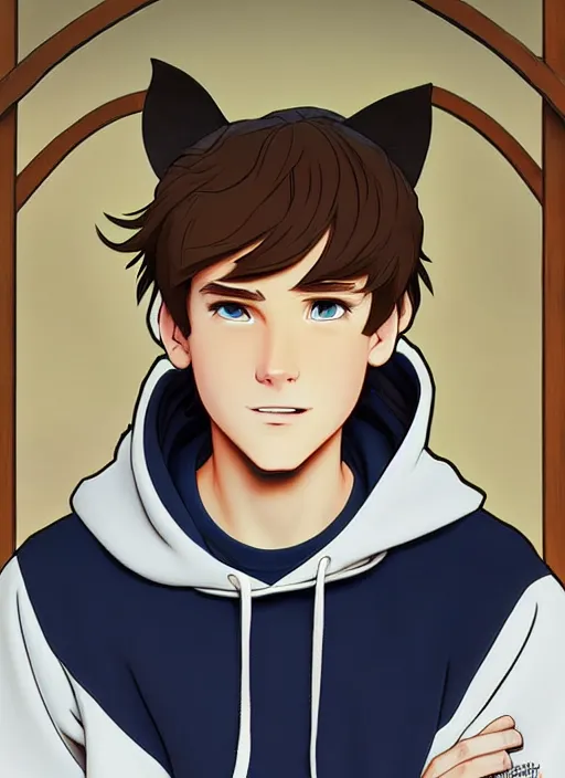 Image similar to teen boy with brown hair and big blue eyes, wearing a black hoodie with cat ears on top of it, natural lighting, path traced, highly detailed, high quality, cartoon, digital painting, by don bluth and ross tran and studio ghibli and alphonse mucha