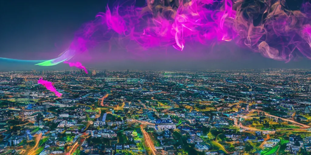 Prompt: dimly lit muted multi-color smoke (blues, greens), muted neon smoke, smoke reminiscent (very faint outline) of fierce flying dragons with large outstretched wings flying, a distant vague city park landscape in the background, photographic, stunning, inspiring, super high energy, swift, fast, fleeting, 8K, 4K, UE5