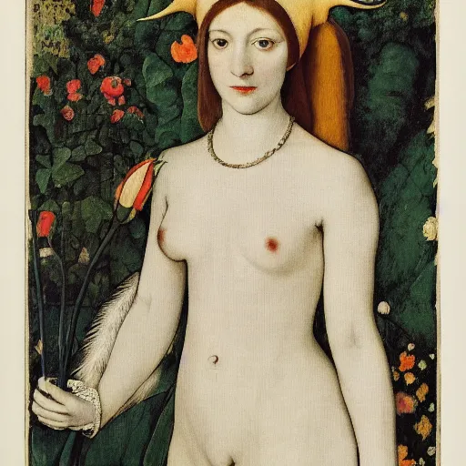 Prompt: portrait of a harpy with horns changing into a flower, fashion editorial by hans holbein and alexej von jawlensky, full body, flowing dress, in a garden