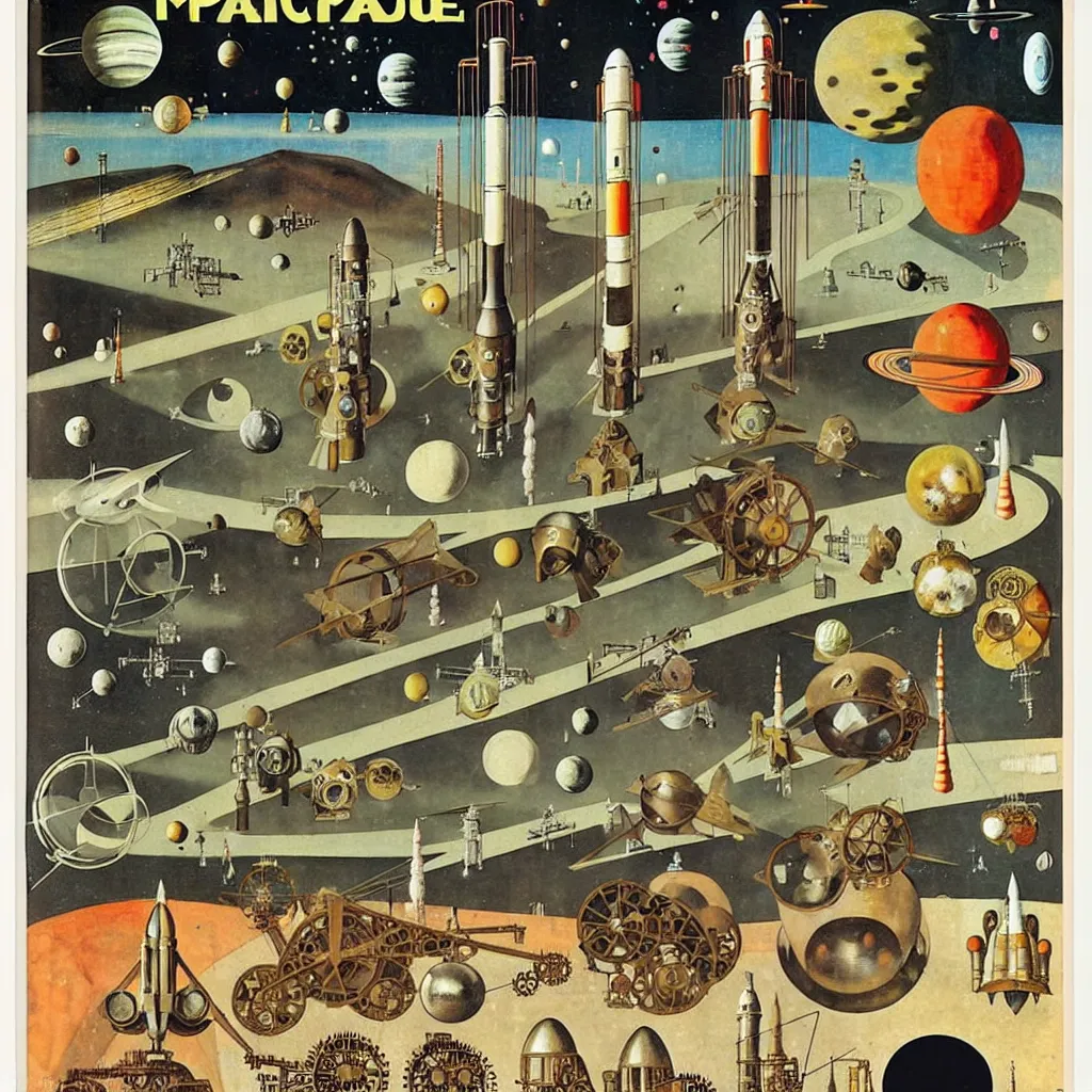 Image similar to 1950 magazine cut out collage of steam punk machinery for space exploration painted by neo rauch, alfons maria mucha, hieronymus bosch