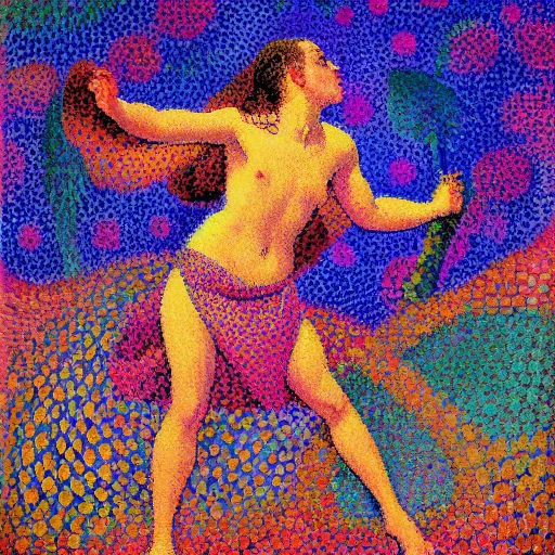 Prompt: a detailled pointillist painting of colorful round patterns, by henri - edmond cross and maximilien luce, textured, relief