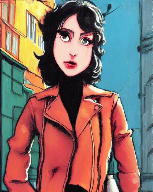 Image similar to young female protagonist in leather jacket, city street, artwork by ralph bakshi