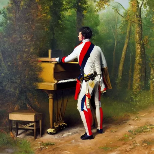 Image similar to ultra realistic painting of a napoleonic soldier sitting on a piano inside of a forest, thick brush strokes, visible paint layers, taken from the back of the soldier.