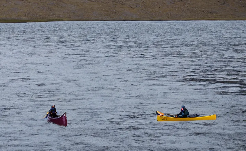 Prompt: canoeing through a lake of glaciers in iceland