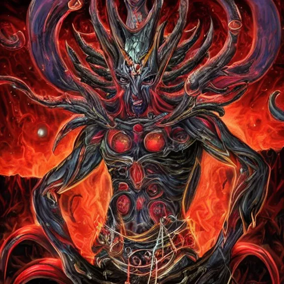 Image similar to a cosmic deity of chaotic blood wars embodied in the offspring of evil gods incarnate so they may feed on the broken souls of the empty shells of the created humans made for one thing but to be soulfood for the wicked damn