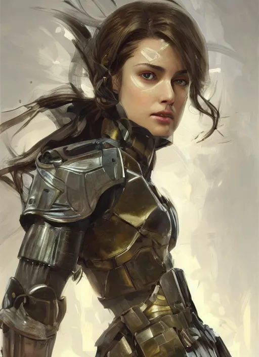 Image similar to a professional painting of a beautiful young female, clothed in military armor, olive skin, long dark hair, beautiful bone structure, symmetrical facial features, intricate, elegant, digital painting, concept art, smooth, sharp focus, illustration, from Metal Gear, by Ruan Jia and Mandy Jurgens and Artgerm and William-Adolphe Bouguerea