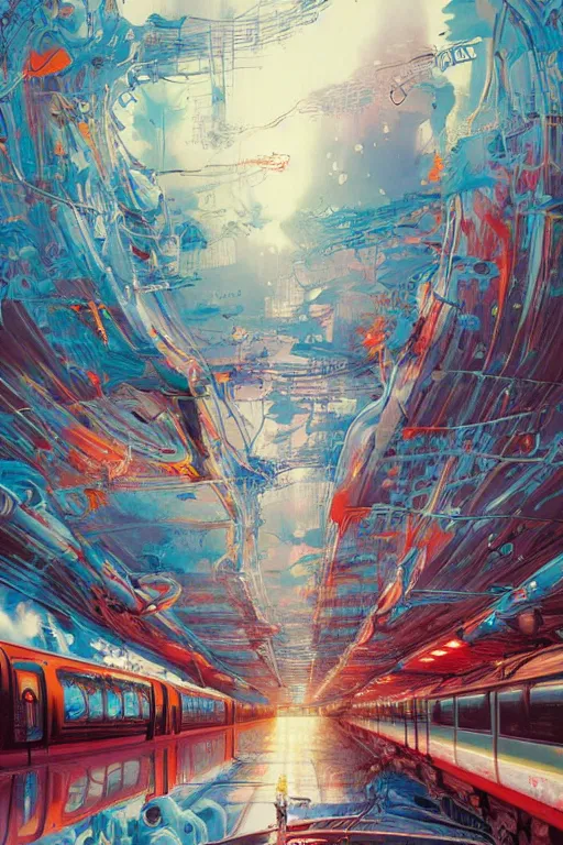 Image similar to trains covered in dripping graffiti paint, painterly, james jean, yoshitaka amano, hiroshi yoshida, moebius, loish, artgerm, painterly, symmetrical, ultra detailed, hyper realistic, illustration, sunset lighting