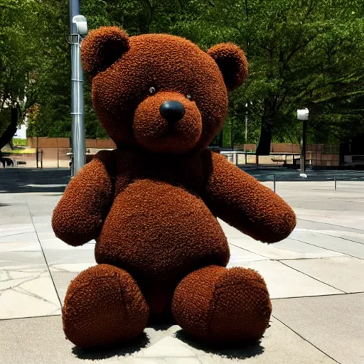 Prompt: a photo of front hedges trimmed in the shape of a teddy bear in front of the great library