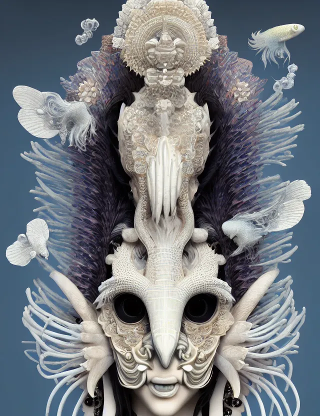 Image similar to 3 d goddess close - up 3 / 4 portrait with ram skull. beautiful intricately detailed japanese crow kitsune mask and clasical japanese kimono. betta fish, jellyfish phoenix, bio luminescent, plasma, ice, water, wind, creature, artwork by tooth wu and wlop and beeple and greg rutkowski