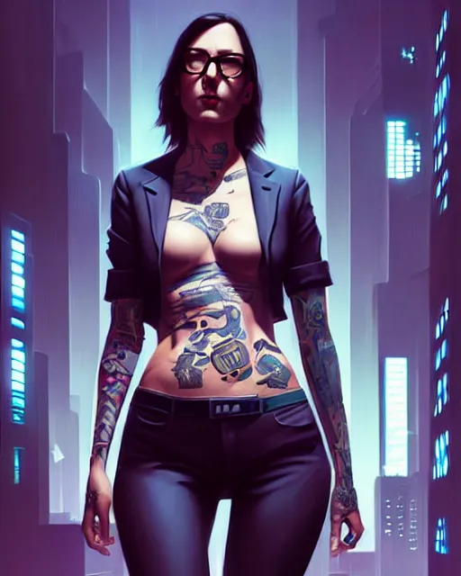 Image similar to cyberpunk corporate woman, covered in tattoos | | realistic shaded, fine details, realistic shaded lighting poster by greg rutkowski, diego gisbert llorens, magali villeneuve, artgerm, jeremy lipkin and rob rey