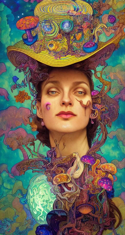 Image similar to An extremely psychedelic celestial smiling Larry Harvey white fedora hat, colorful, surreal, dramatic lighting, magic mushrooms, psilocybin, LSD, detailed, intricate, elegant, highly detailed, digital painting, artstation, concept art, smooth, sharp focus, illustration, art by Krenz Cushart and Artem Demura and alphonse mucha