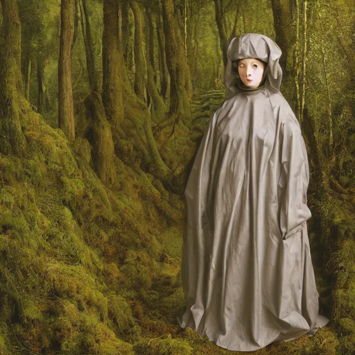 Image similar to a woman wearing a hood made of wire and plastic, in vast mossy forest, by jan van eyck, canon eos c 3 0 0, ƒ 1. 8, 3 5 mm, 8 k, medium - format print