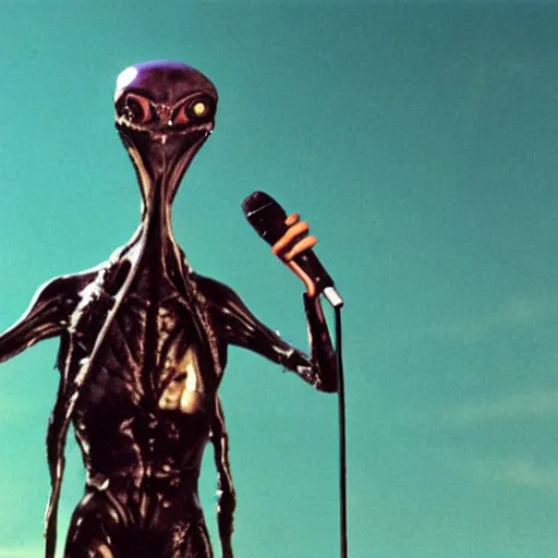 Image similar to hyperrealistic image of alien singing at a rock concert in the 1 9 6 0 s
