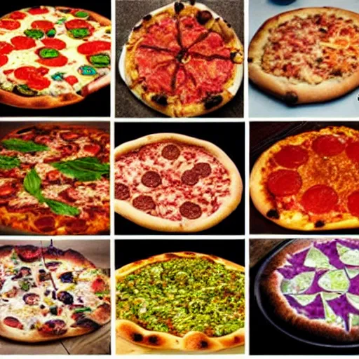 Prompt: A collection of pizzas cooked by people that were tripping on DMT