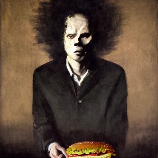 Prompt: mysterious portrait of malcolm gladwell emerging from the dark void eating burger, face partially melting LSD effect, figure in the darkness of renaissance, serving big macs, Francisco Goya, painted by John Singer Sargant, Adrian Ghenie, style of Francis Bacon, highly detailed, 8k, trending on artstation