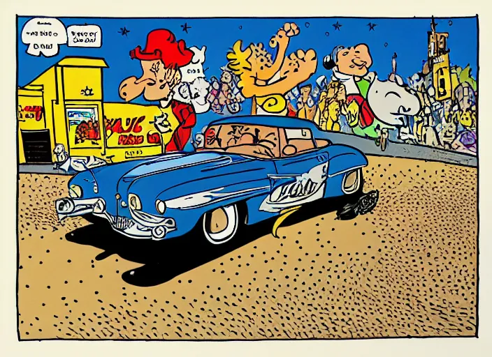 Image similar to Elvis presley driving a car , highly detailed, by Hergé, By Franquin, By Uderzo, By Willy vandersteen, by sergio aragones, by Hein de kort