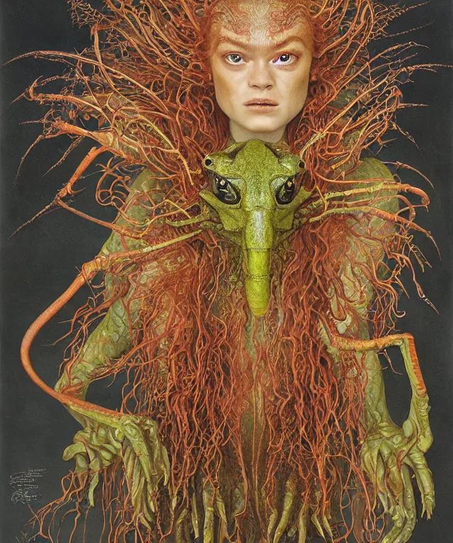 Prompt: a portrait photograph of a fierce sadie sink as an alien harpy queen with slimy amphibian skin. she is trying on evil bulbous slimy organic membrane fetish fashion and transforming into a fiery succubus amphibian mantis. by donato giancola, walton ford, ernst haeckel, brian froud, hr giger. 8 k, cgsociety