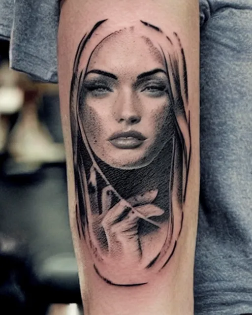 Image similar to double exposure effect tattoo sketch of megan fox faded with a beautiful mountain scenery, in the style of matteo pasqualin, amazing detail, sharp