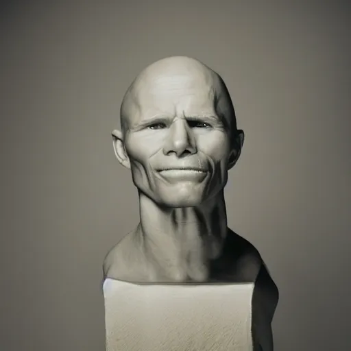Image similar to A sculpted wax portrait, representing Ed Harris, studio lighting, F 1.4 Kodak Portra