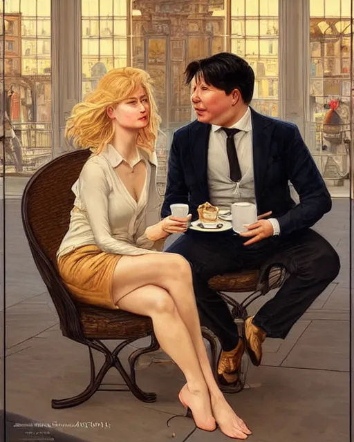 Image similar to Portrait of Michael Mcintyre & a blonde lady having coffee & croissants at waterfront in Porto,real life skin, intricate, elegant, highly detailed, artstation, concept art, smooth, sharp focus, art by artgerm and greg rutkowski and alphonse mucha