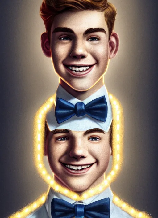 Image similar to portrait of teenage archie andrews, freckles, curly middle part haircut, curly hair, middle part hairstyle, smiling kindly, wearing a bowtie and sweater vest, intricate, elegant, glowing lights, highly detailed, digital painting, artstation, concept art, smooth, sharp focus, illustration, art by wlop, mars ravelo and greg rutkowski