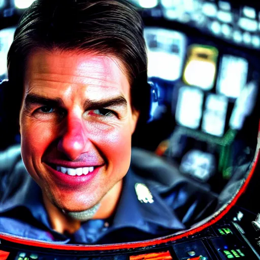 Prompt: high detail Tom Cruise dressed as a clown, in the cockpit of a fighter jet, close up, high quality photo, 4k