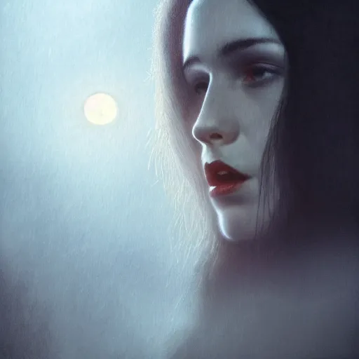 Prompt: Riveting Charismatic brunette female vampire, portrait, atmospheric lighting, painted, intricate, Highgate cemetery, blanket of low hanging fog, volumetric lighting, beautiful, moon light, sharp focus, ultra detailed, by Leesha Hannigan, Ross Tran, Thierry Doizon, Kai Carpenter, Ignacio Fernández Ríos