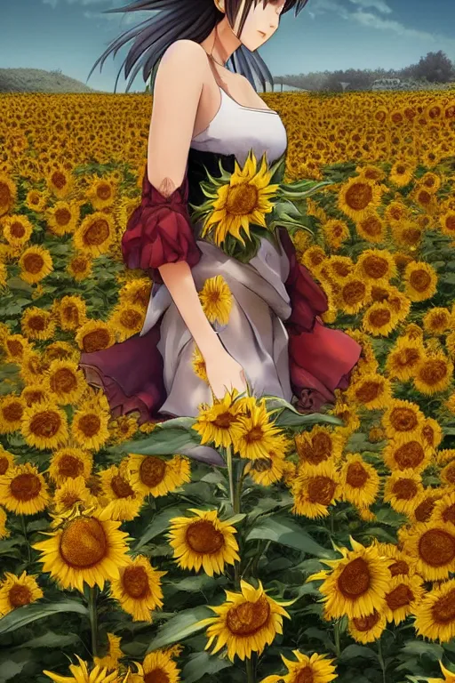 Prompt: yuuka kazami woman standing in a sunflower field, detailed upper body, beautiful face, detailed eyes, by yoshitaka amano, trending on artstation