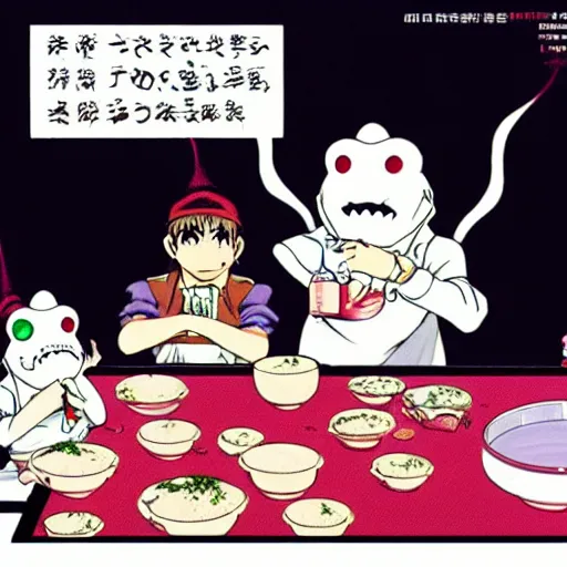 Prompt: conspiratorial toads cook chankonabe, anime 9 0 s, moebius