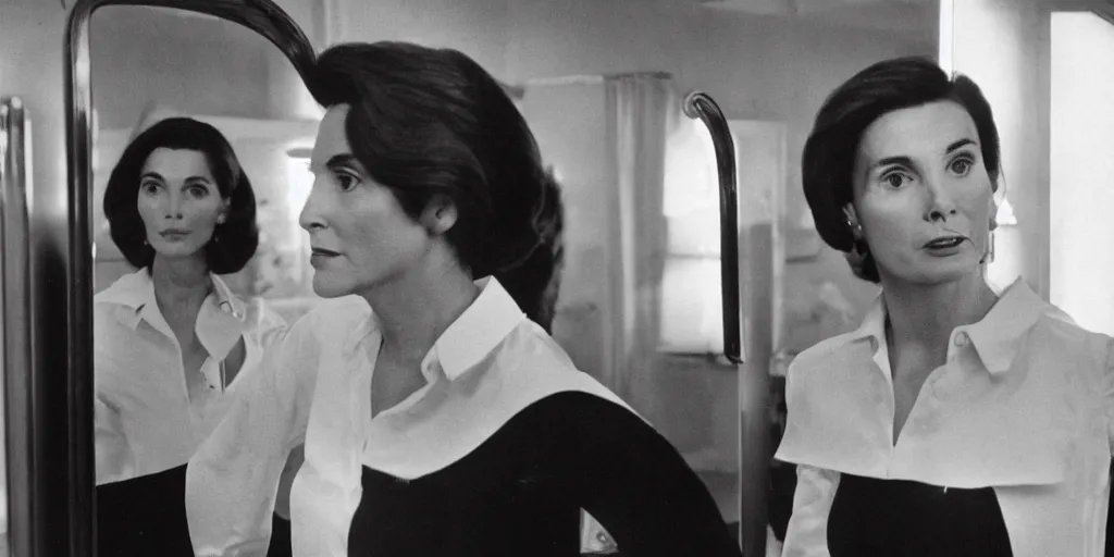 Image similar to ultra wide angle color photo of beautiful young nancy pelosi dressed in a white blouse and black dress pants as diana prince looking at herself in a bathroom mirror and seeing her reflection as wonder woman