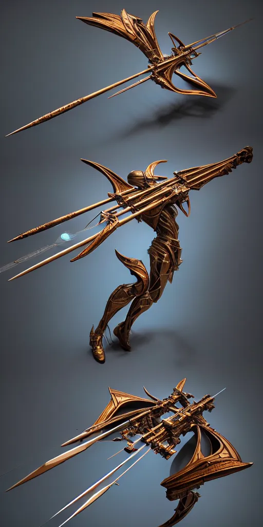 Image similar to a beautiful delicate huge mega bow and arrow weapon, solid background, electron flow, android, mechanical, metal, weapon design, fine texture structure, hyper detailed, perfect shadows, atmospheric lighting, 3 d render, in the style of pascal blanche and sparth juan zigor samaniego, paul pepera pablo roldan, displayed in the exhibition hall, 4 k hd