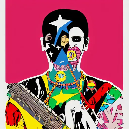 Image similar to taliban punk and rock and roll. pop art style images. symmetrical anatomy. perfect shapes. without duplication of images. digital painting. confident posse. concept art. beautiful detailed. artstation.. sharp focus. ilustration by mel ramos and peter blake and ed ruscha and peter max and takashi murakami