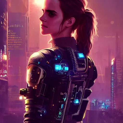 Image similar to emma - watson!! emma watson in cyberpunk 2 0 7 7, promotional, intricate, elegant, highly detailed, digital painting, artstation, concept art, smooth, sharp focus, illustration, art by artgerm and greg rutkowski