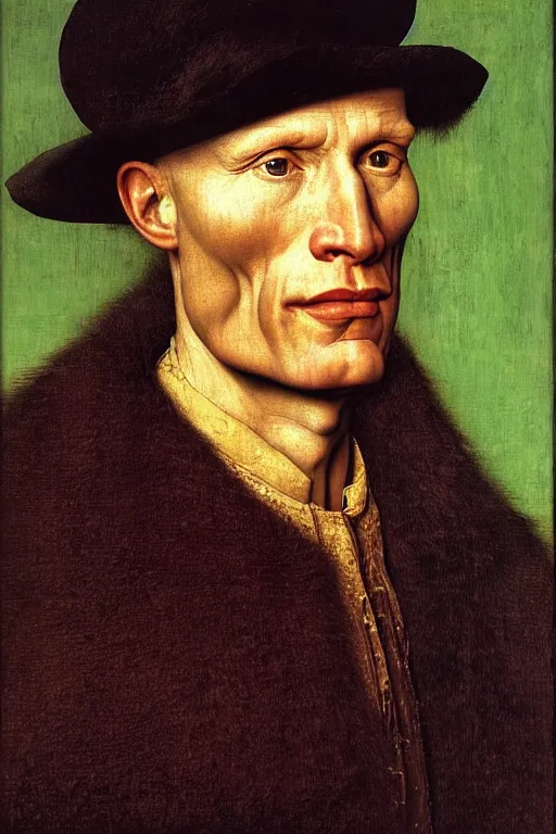 Prompt: portrait of ed harris, oil painting by jan van eyck, northern renaissance art, oil on canvas, wet - on - wet technique, realistic, expressive emotions, intricate textures, illusionistic detail