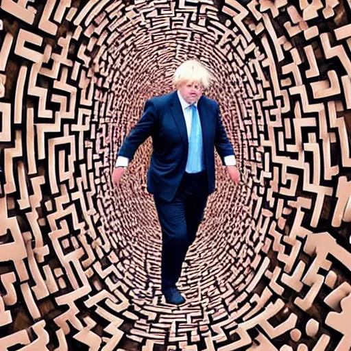 Image similar to Boris Johnson lost in a maze, confused, lost, hyper realistic, 4K