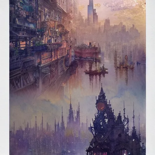 Image similar to a beautifull intricate watercolour painting of a floating ciberpunk cityscape with many flowers, reflexions, verry high details by william turner art, greg rutkowski and alphonse mucha, trending on artstation, very very detailed, masterpiece, - h 7 0 4