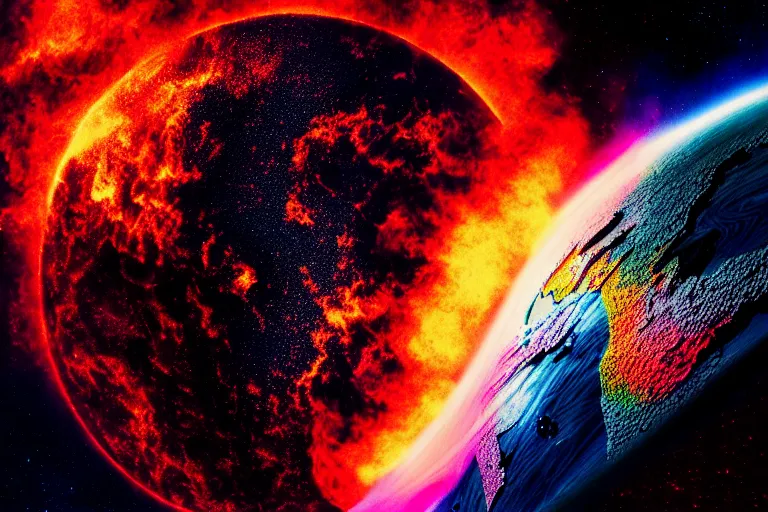 Image similar to flames surrounding planet earth in space, moody, colorful,Karolis Strautniekas, Mads Berg, stippled light, dramatic lighting,editorial illustration, detailed,fine texture, matte print,dynamic composition,risograph, lomography