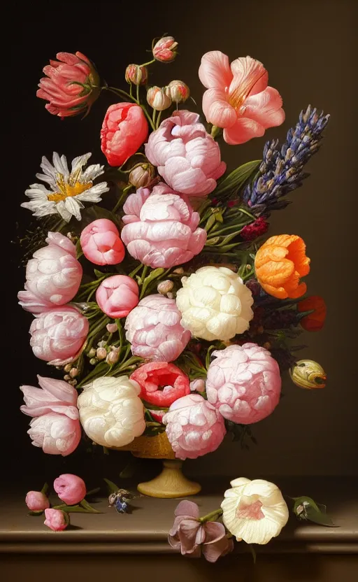 Prompt: still life of flowers, dutch painting, old masters, in the style of rachel ruysch, complex 3 d render, ultra detailed, 8 5 mm lens, refined, high definition, pink blossoms, white blossoms, red berries, fruit, lavender, st joseph lily, peonies, roses, foliage, marigold, tulips, iris,