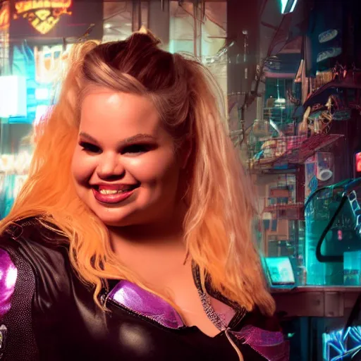 Prompt: high quality portrait of trisha paytas smiling as a pirate in a cyberpunk cyberpunk cyberpunk cafe, realism, 8k, award winning photo