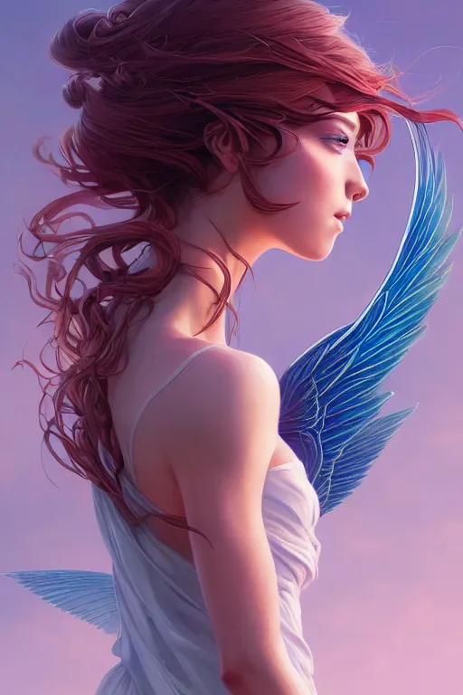 Image similar to 3 / 4 view of a portrait of woman with flowy hair, bird wings, confident pose, pixie, genshin impact,, intricate, elegant, sharp focus, illustration, highly detailed, concept art, matte, trending on artstation, bright colors, art by wlop and artgerm and greg rutkowski, marvel comics